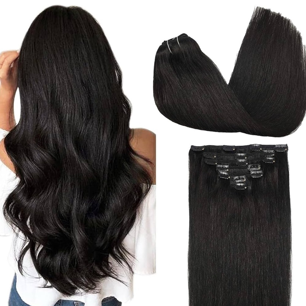 18” Black 100% human Hair Clip-In Hair Extensions - Seamless Natural Volume 7pcs